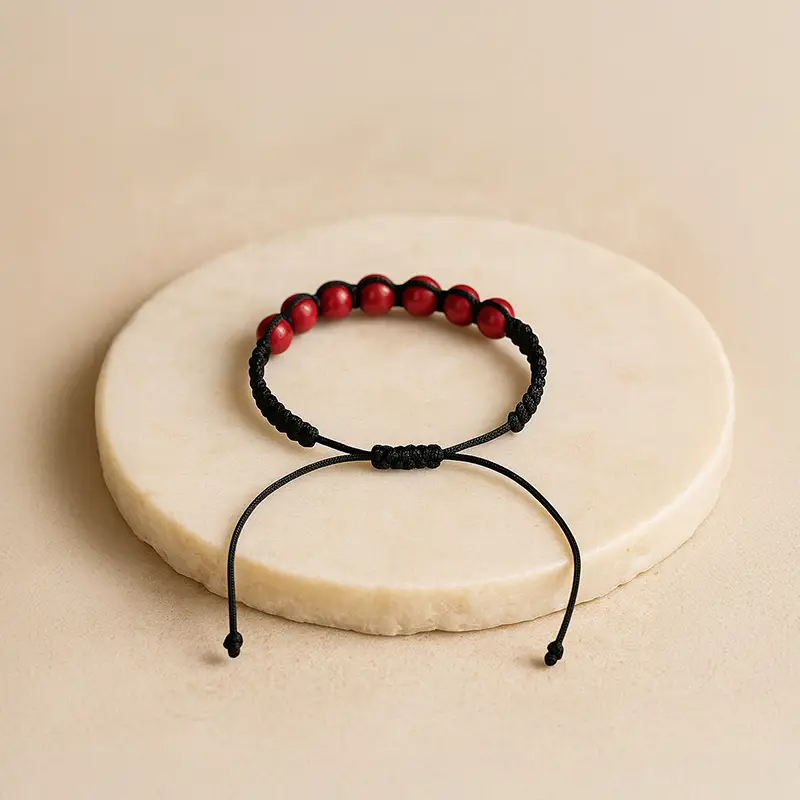 Kırmızı Havlit Doğal Taş Makrome Örgülü Bileklik