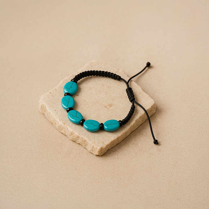 Yassı Turkuaz Doğal Taş Makrome Örgülü Bileklik